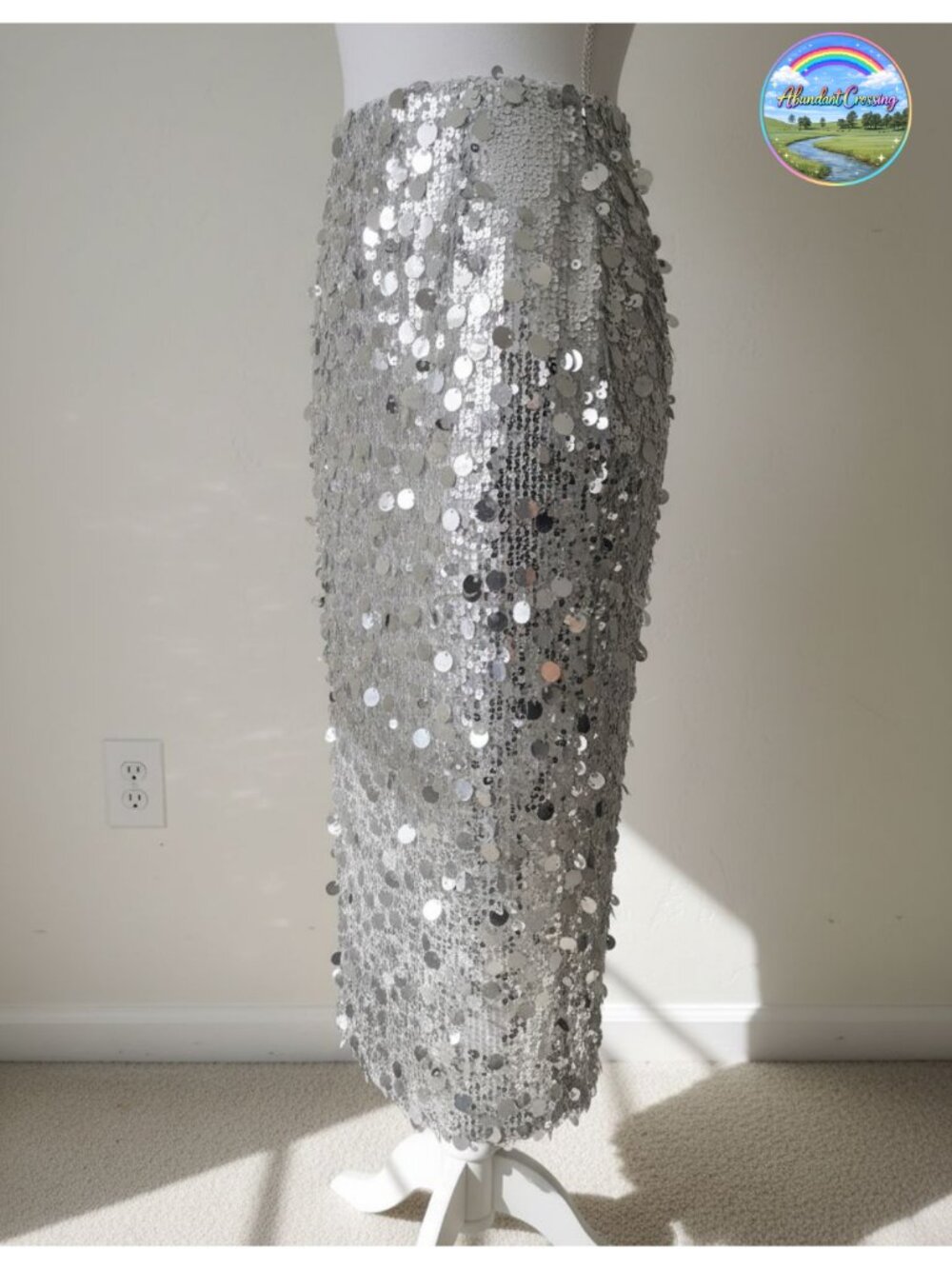 Sequin Midi Skirt High Waist Side Slit Stretchy Sparkle Party